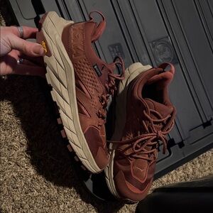 Hoka Red and Tan Athletic Shoes